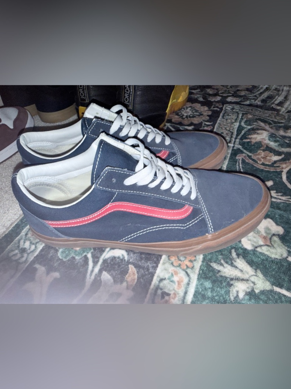 Vans Men’s Navy Canvas Sneakers with Red Side Stripe